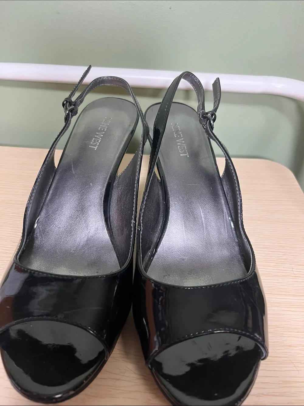 Nine West Black Patent Slingback Peep Toe Heels